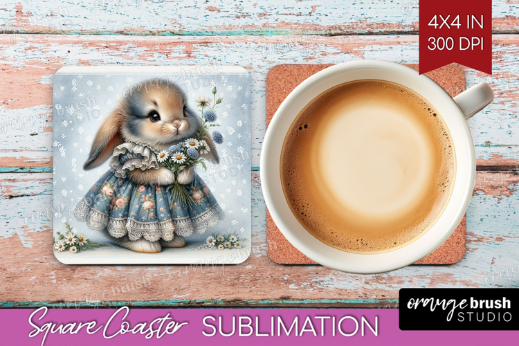Vintage Bunny Square Coaster - Cute Bunny Coaster PNG