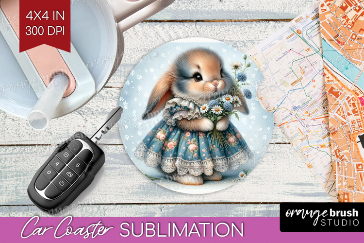 Vintage Bunny Car Coaster - Cute Bunny Coaster PNG