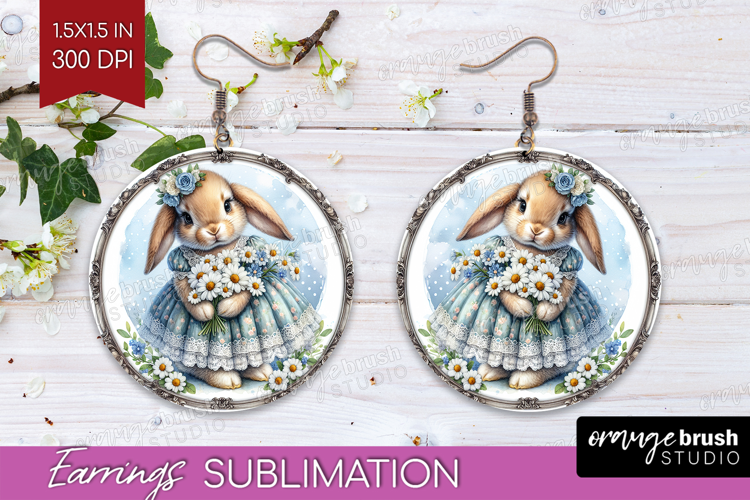 Vintage Bunny Round Earrings - Cute Bunny PNG Sublimation