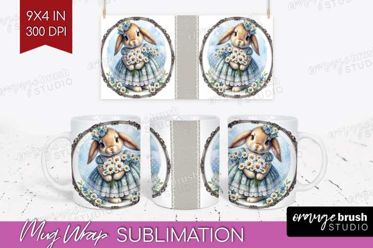 Vintage Bunny Mug Wrap - Cute Bunny Mug PNG Sublimation
