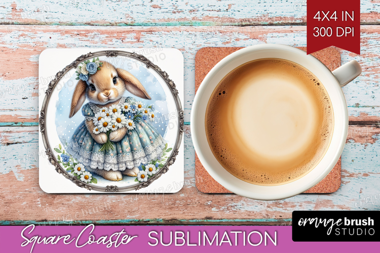 Vintage Bunny Square Coaster - Cute Bunny Coaster PNG