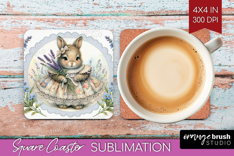 Vintage Bunny Square Coaster - Cute Bunny Coaster PNG