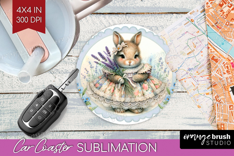 Vintage Bunny Car Coaster - Cute Bunny Coaster PNG