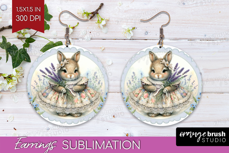 Vintage Bunny Round Earrings - Cute Bunny PNG Sublimation