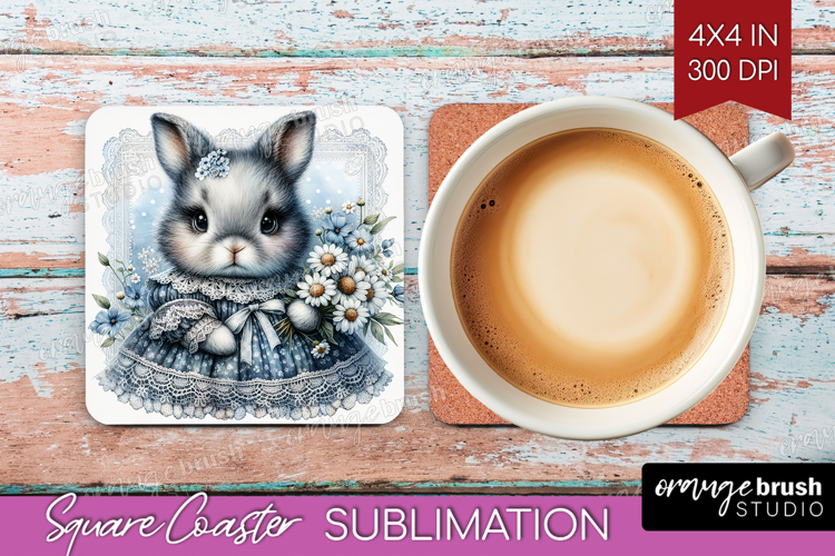Vintage Bunny Square Coaster - Cute Bunny Coaster PNG