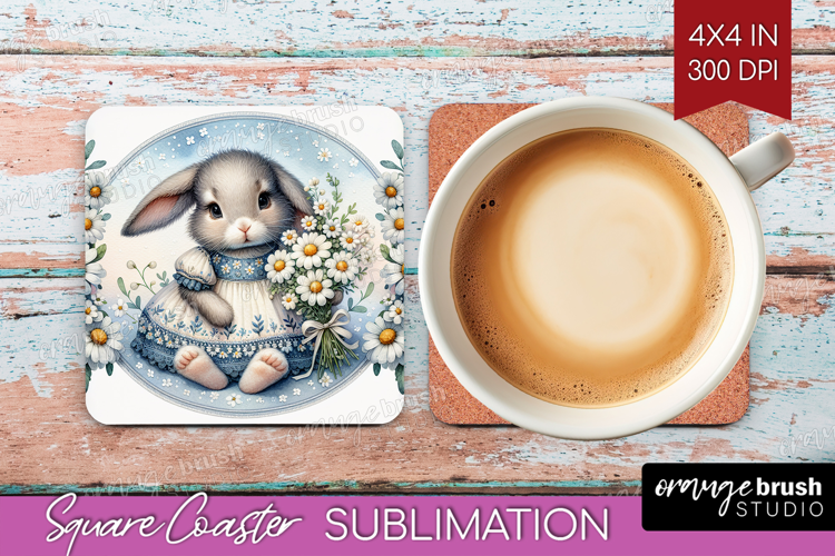 Vintage Bunny Square Coaster - Cute Bunny Coaster PNG