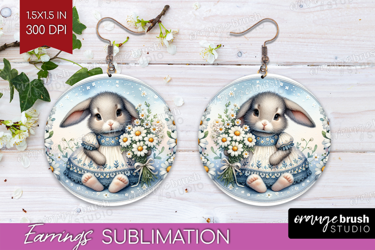 Vintage Bunny Round Earrings - Cute Bunny PNG Sublimation