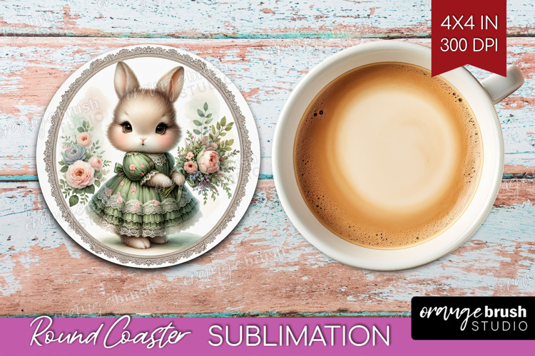 Vintage Bunny Round Coaster - Cute Bunny Coaster PNG