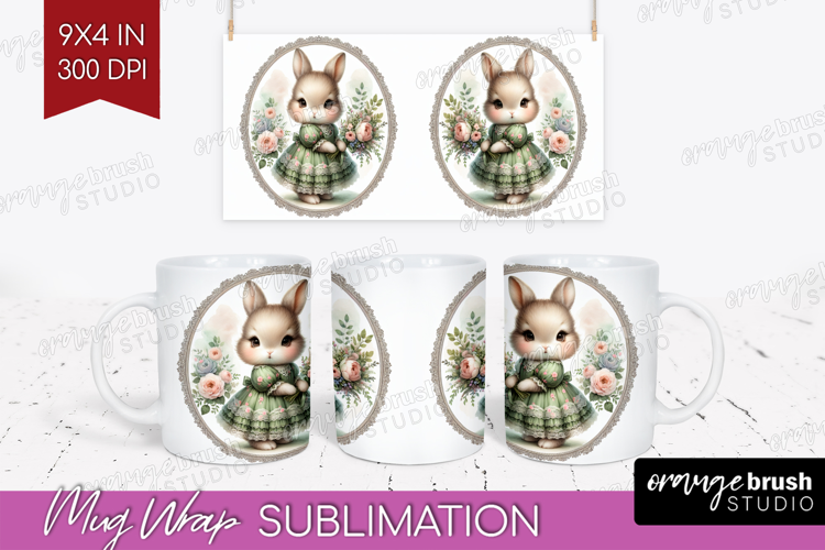 Vintage Bunny Mug Wrap - Cute Bunny Mug PNG Sublimation