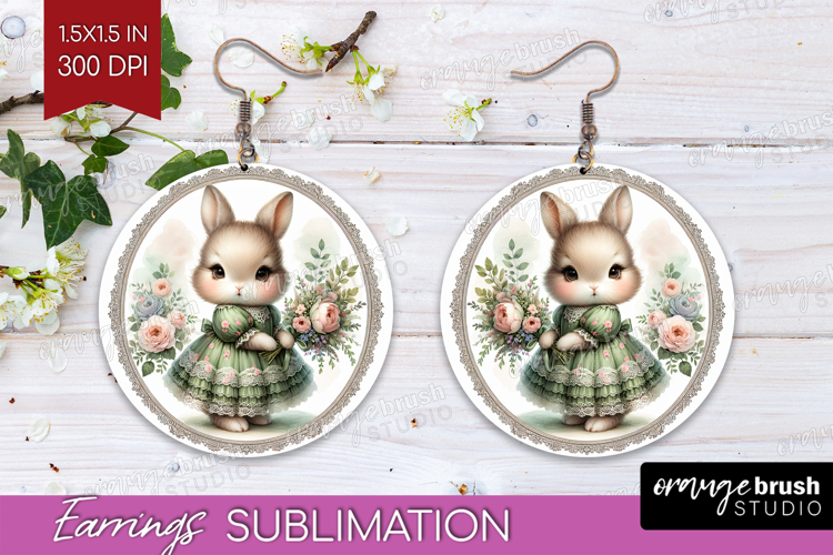 Vintage Bunny Round Earrings - Cute Bunny PNG Sublimation