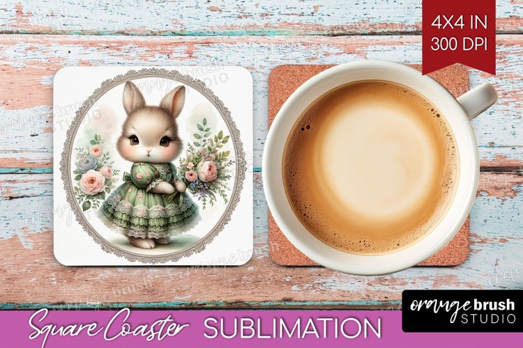 Vintage Bunny Square Coaster - Cute Bunny Coaster PNG