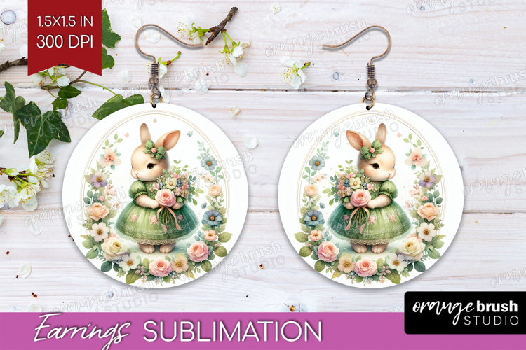 Vintage Bunny Round Earrings - Cute Bunny PNG Sublimation
