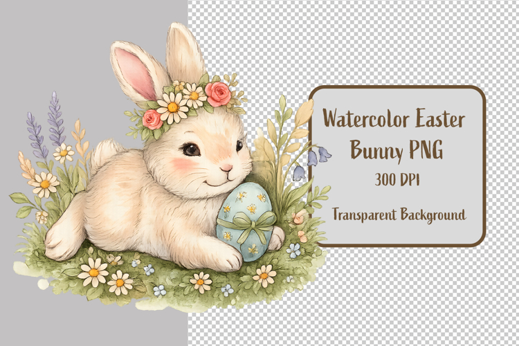 Watercolor Easter Bunny with Flower Crown PNG Vintage Spring