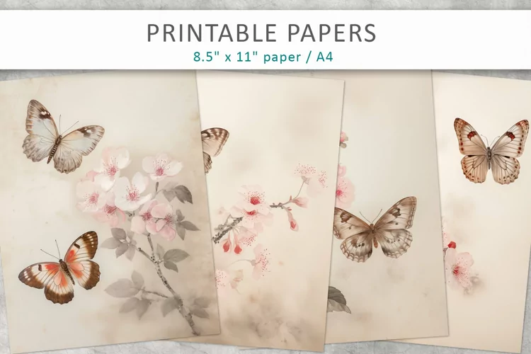 Vintage Butterfly Junk Journal, Digital Papers