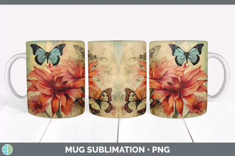 Vintage Butterflies Mug Wrap | Sublimation Coffee Cup Design