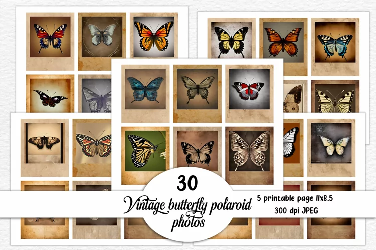 Vintage butterfly polaroid photos, printable junk journal