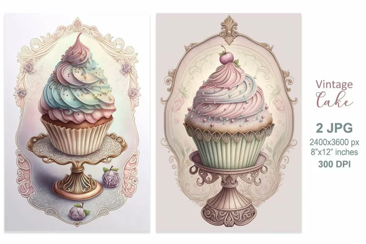 Vintage cupcake, Birthday Cake scrapbook junk journal paper