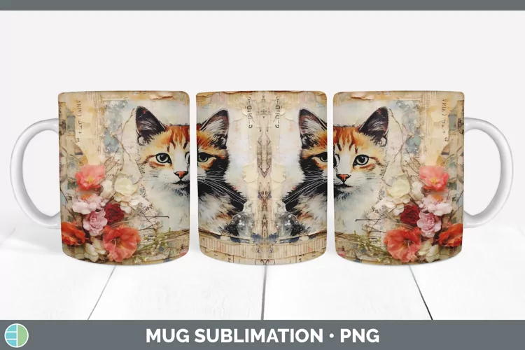 Vintage Calico Cat Mug Wrap | Sublimation Coffee Cup Designs
