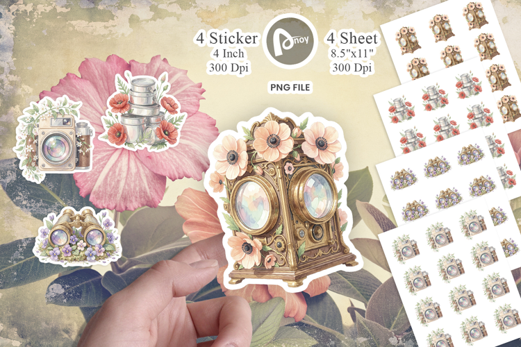 Vintage Camera And Floral Sticker