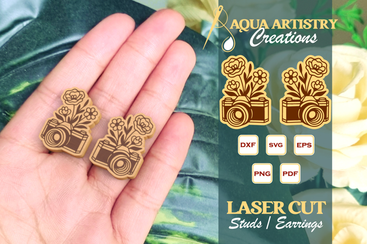 Floral Vintage Camera Earrings, Studs Laser Cut Template SVG