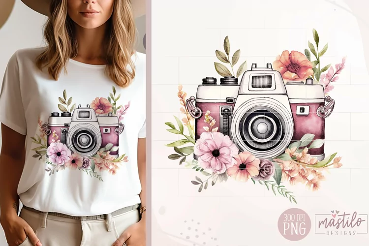 Vintage Camera Sublimation Clipart | Floral Camera Png Logo