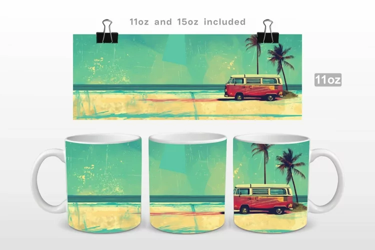 Vintage Campervan Paradise Mug Wrap PNG