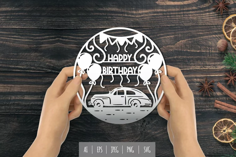 Happy Birthday Vintage Car with Balloons Papercut
