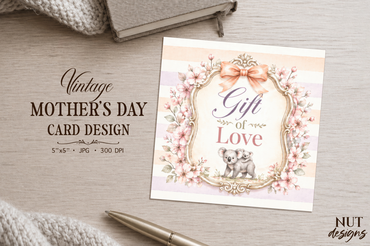 Gift of Love Vintage Card Koala floral Mothers day card