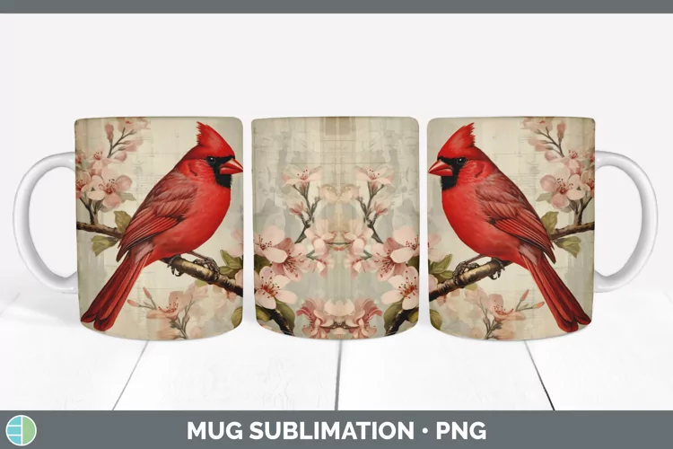 Vintage Cardinal Bird Mug Wrap | Sublimation Coffee Cup Desi