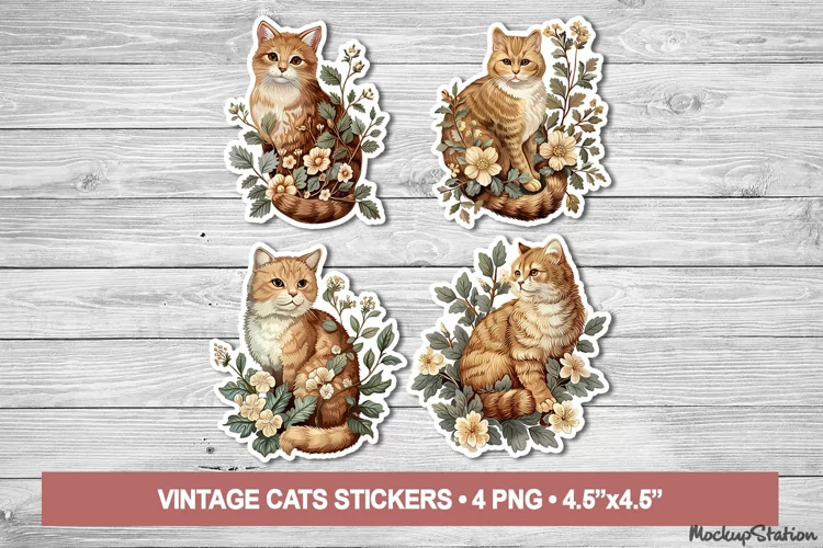 Watercolor Cat Stickers | Vintage Animal Printable PNG Retro