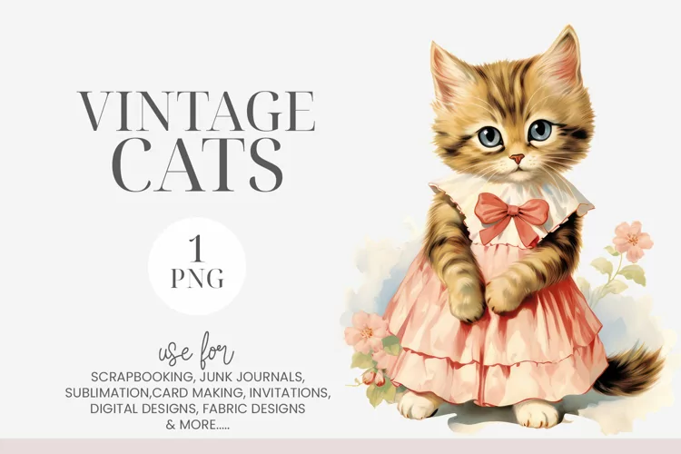 Fluffy Girl Tabby Kitten Vintage Clipart PNG