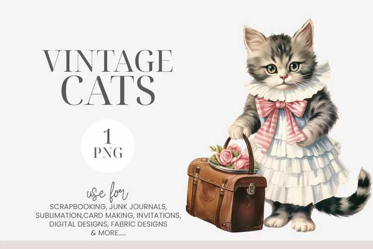 Vintage Grey & White Kitten Clipart PNG