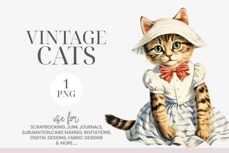 Vintage Tabby Cat in A Hat Clipart PNG