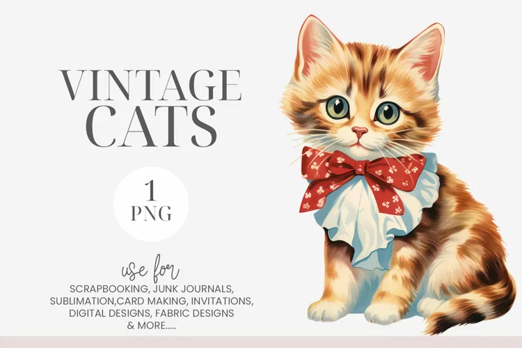 Watercolor Vintage Kitten Clipart PNG