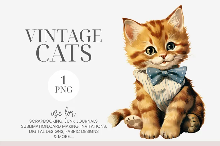 Vintage Kitten with Blue & White Bow Clipart PNG