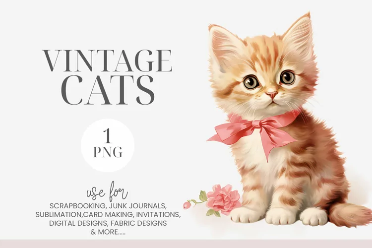 Vintage Kitten with Pink Bow Clipart PNG