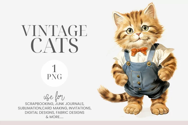 Cute Vintage Kitten with Red Bow Clipart PNG