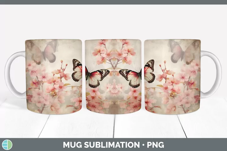 Vintage Cherry Blossom Flowers Mug Wrap | Sublimation Coffee