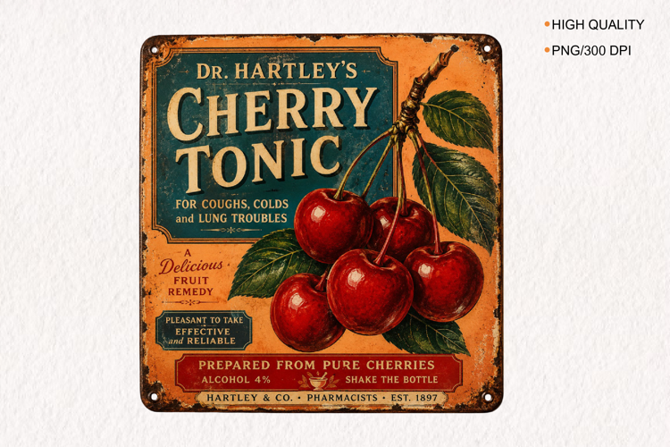 Vintage Cherry Tonic Advertisement Sign PNG