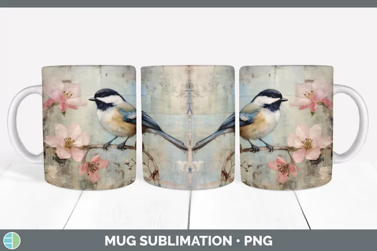 Vintage Chickadee Bird Mug Wrap | Sublimation Coffee Cup Des
