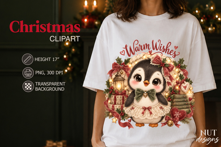Warm Wishes Vintage Christmas Penguin clipart PNG