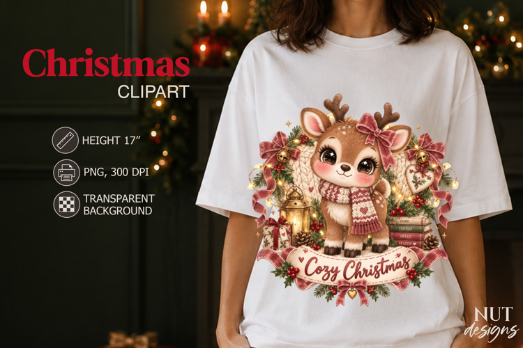 Vintage Cozy Christmas Reindeer Clipart