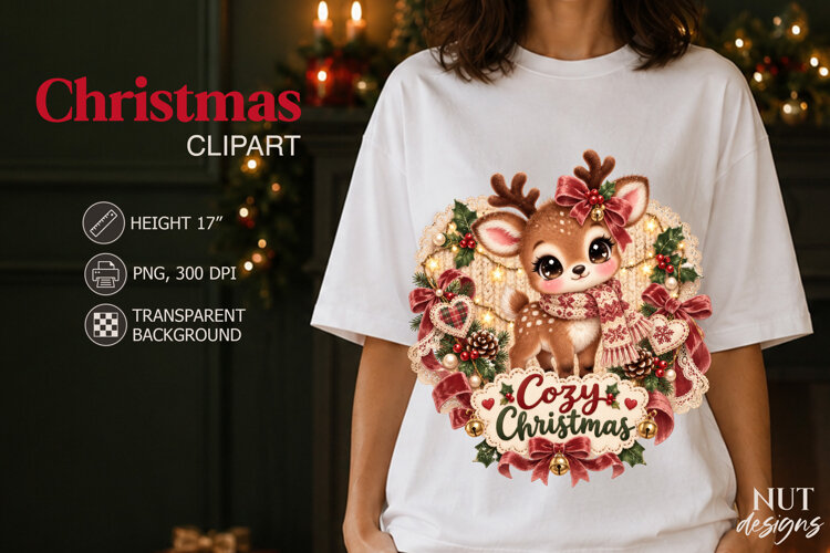 Vintage Cozy Christmas Reindeer Clipart example image 1