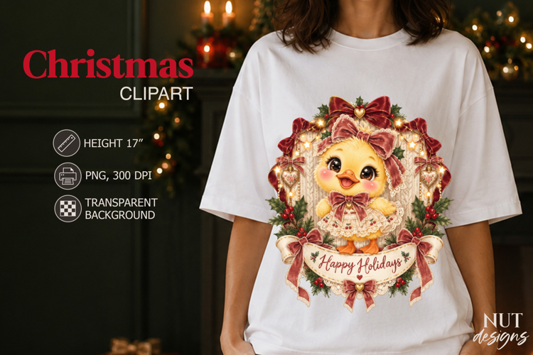 Vintage Cute Christmas Duckling Clipart PNG