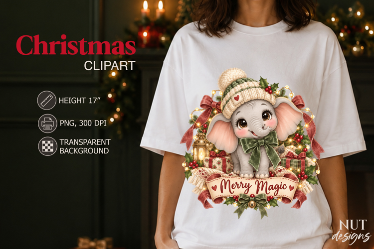 Cute Christmas Elephant Clipart PNG Vintage Christmas