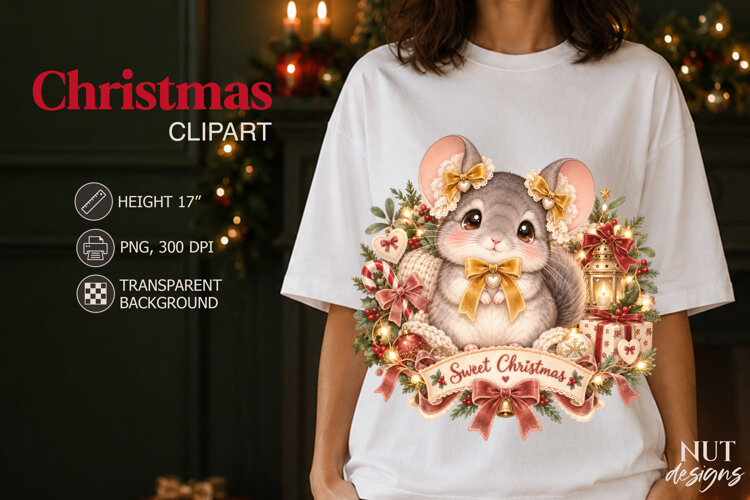 Cute Christmas Chinchilla Clipart PNG Vintage Christmas example image 1