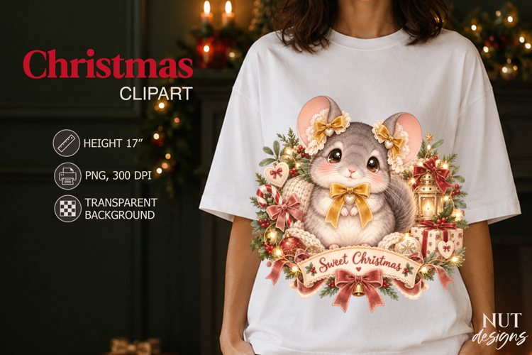 Cute Christmas Chinchilla Clipart PNG Vintage Christmas