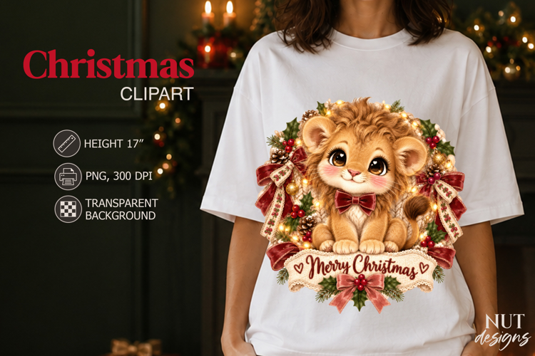 Cute Christmas Lion Clipart PNG Vintage Christmas
