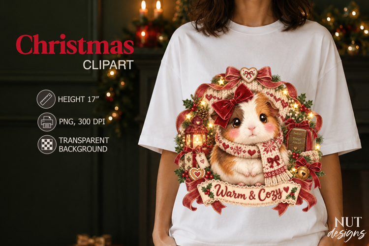 Cute Christmas Guinea Pig Clipart PNG Vintage Christmas