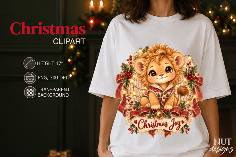 Christmas Joy Lion Cub Clipart PNG Vintage Christmas